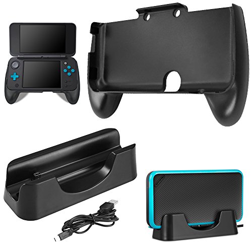 Charging Dock Compatible New 2DS XL with Hand Grip, AFUNTA Charging Station Cradle Stand With Mini USB Cable and Plastic Handle Compatible 2017 2DS LL - Black