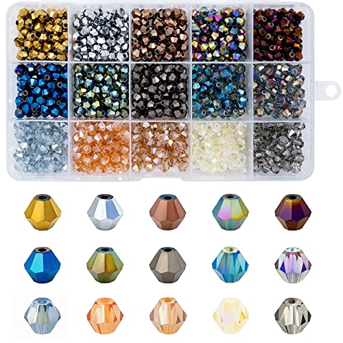 JEBBO 1800pcs 4mm Bicone Glass Beads, Bulk Small Faceted Bicone Crystal Beads for Jewelry Making DIY Craft Bracelet Necklace Earring with Container Box (15 Plated Metallic Colors)