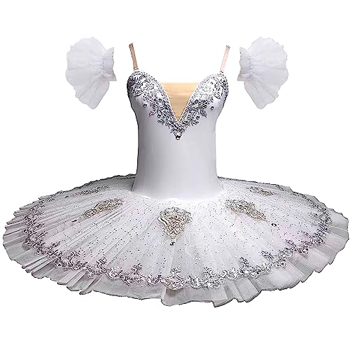 MTPLOP Professional Swan Lake Dance Costumes Kids Womens Ballet Skirt Girls Pancake Tutu Dress（White Medium）