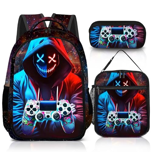 jvycjlu Game Backpack Set for Boys, Gaming Backpack 3 Pack, Boys Backpack Lunch Box, and Pencil Bag for Kids, 17" (GAME-LMWJ-10)