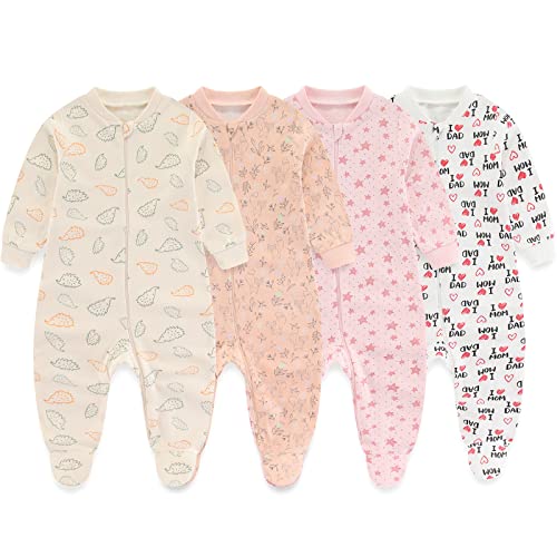 MAMIMAKA Baby Girls One-Piece Footies Romper 2-way Zip Cotton Bodysuit Long-Sleeve Jumsuit, 6-9 Months