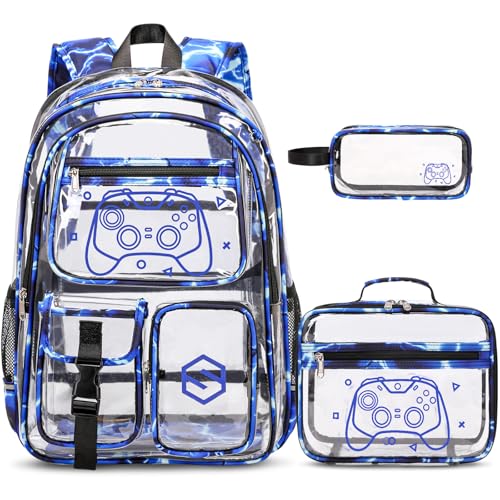 DIGOBAY 3PCS Cool Luminous Clear Backpack for Boys Kids, Gamer Clear Bookbag for School, See Through PVC Transparent Backpacks with Lunch Bag Pencil Case, Clear Backpack Heavy Duty for School Stadium