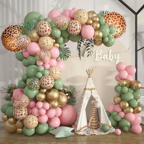 Amandir 170Pcs Jungle Safari Balloons Garland Arch Kit Animal Printed Pink Sage Green Balloons Wild One Giraffe Leopard Safari Baby Shower Decorations for Girl Birthday Party Supplies
