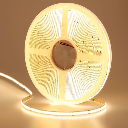 KXZM 49.2ft/15M DC 24V COB LED Strip Light Warm White 3000K 5760LEDs CRI 93+ 11000lm Uniform Glow IP20 Not Waterproof Flexible LED Tape Lights for DIY Cabinet Bedroom Home Decor(No Power Supply)