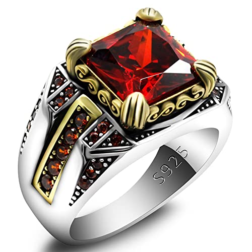 LovePlus Solid S925 Sterling Silver Square Zircon Ring Red Green, Blue Gem Turkey Handmade Elegant Style Men's/Women's Ring, Suitable for Daily Wear Gift Size 7-12 (red, 12)