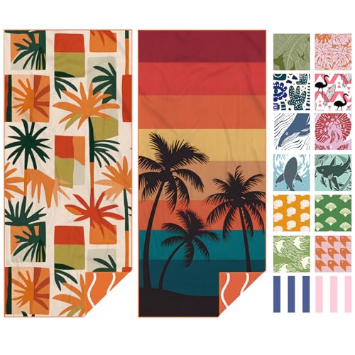 2 Pack Microfiber Beach Towel, Quick Dry Travel Towel Large Sand Free Towel for Beach, Camping, Swim Pool, Gym, Sports& Yoga 71"x32", Retro Tropics/Tropical Sunset