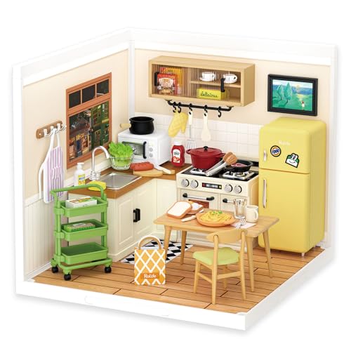 Rolife DIY Miniature Plastic House Building Set Toys Playset with LED Suitable for Mini Figures Construction Toys Diorama Kit Gifts for Teens Adults (Happy Meals Kitchen)