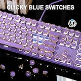 MageGee Typewriter Mechanical Gaming Keyboard, Retro Purple Punk Round Keycap LED White Backlit Wired Keyboard with Detachable Wrist Rest for Game and Office, for Windows Laptop PC, Blue Switches