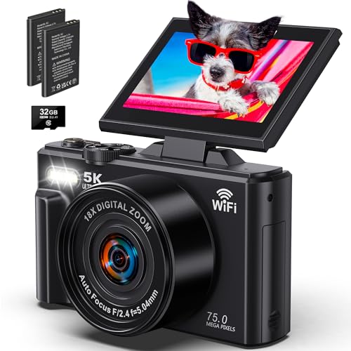 5K Digital Camera for Photography - WiFi 75MP Vlogging Camera for YouTube - UHD Autofocus Video Cameras 3" 180° Flip Screen with 18X Zoom - Compact Vlog Travel Cameras with 32GB SD Card 2 Batteries