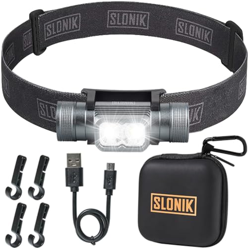 SLONIK Headlamp Rechargeable - 1000 Lumen LED USB Rechargeable Headlight - IPX4 Waterproof Head Lamp with Bright 60 ft Flashlight Beam - Hiking & Outdoor Camping Gear, Black - LED Headlamp