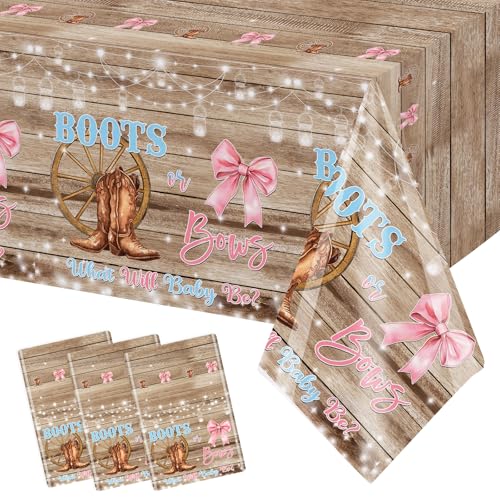 MEHOFOND 3 Pack Boots or Bows Gender Reveal Tablecloth, Disposable Plastic Pink or Blue Table Cloth 54x108 inch, Rustic Wood Table Cover for Western Cowgirl Gender Reveal Party Supplies Decor