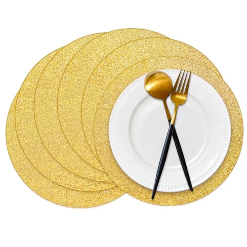 50 Pieces Gold Glitter Paper Place Mats Sparkle 14'' Round Disposable Table Mats Golden Sequin Doilies Decorative Placemats for Wedding Banquet Party Home Dining Tableware