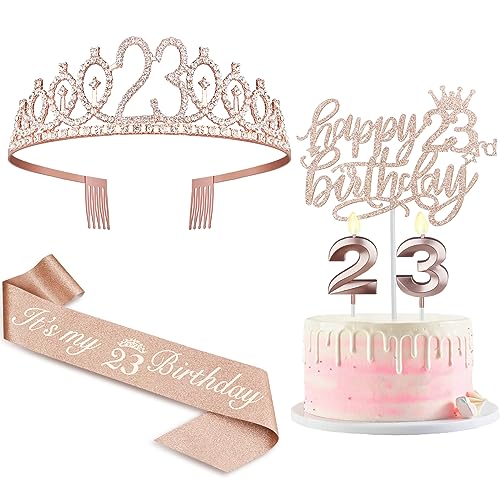 23 Birthday Decorations for Women Including Sash and Tiara, Cake Topper and Candles, 23rd Birthday Gifts for Women, Rose Gold Party Decor Supplies