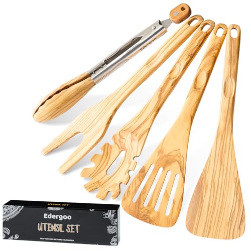 Edergoo Olive Wood Cooking Utensils Set, 5 PCS Wooden Spoons for Cooking Includes Stainless/Wood Tong, Natural Non-Stick Wooden Utensils Set with Innovative Finger Groove & Non-Slip Notch Design