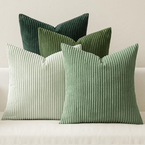 MIULEE Summer Boho Farmhouse Sage Green Throw Pillow Covers 18x18 Inch Set of 4 Mordern Nordic Cushion Covers Soft Corduroy Home Decor for Couch Bed Sofa Living Room Forest Green