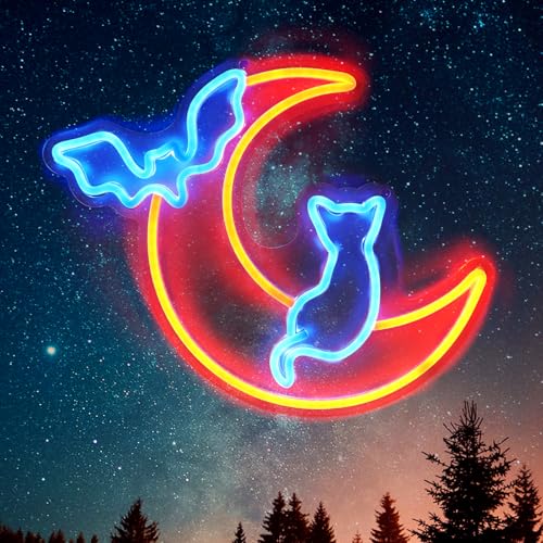 Halloween Neon Sign Wall Decor - Moon&Bat&Cat Themed Halloween LED Lights for Decorating Rooms, Windows, Doors,Party,Bright Beautiful Indoor Home Hanging Art USB Powered