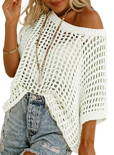 Dokotoo Womens 2025 Summer Crochet Hollow Out Short Sleeve Sweaters Tops Spring Off Shoulder Pullover Shirt Lightweight Knit Sweater Blouse White Medium
