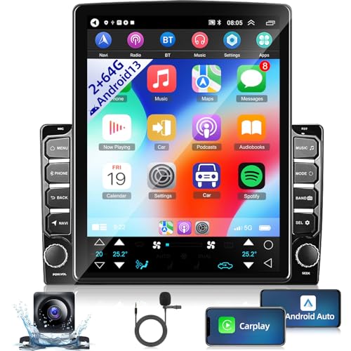 2+64G Android 13 Double Din Car Stereo with Wireless Carplay and Android Auto - 9.7 inch Vertical Touchscreen Car Radio with WiFi/HiFi/FM/Split Screen/Rear Camera