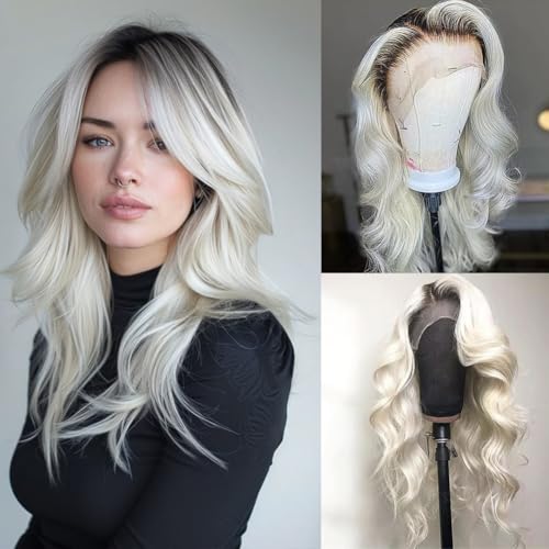 200% Glueless Full Frontal Platinum Blonde Ombre White Human Hair Wigs for Women Pre Plucked Pre Cut 20Inch with Dark Roots Ash Silve Wavy Body Wave 13x4 UHD Lace Wig Real Hair Daily Party