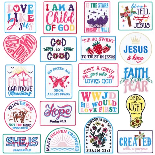 Wavwavw 20 Pcs Christian Iron on Patches Love Like Jesus Embroidered Trucker Hat Patch Sew on Applique Bible Verse Religious Iron on Heat DIY Accessories for Clothes Uniform Backpack Jacket(Classic)