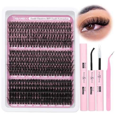 Yawamica Lash Extension Kit 360pcs Wispy Lashes Clusters D Curl Eyelash Clusters 50D 70D 90D Eyelash Extension Kit 10-18mm DIY Lash Clusters Kit with Bond and Seal Lash Tweezers for Self Application