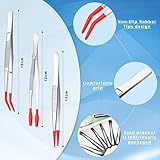 Mixweer 6 Pcs Rubber Long Tipped Tweezer Set for Jewelry Making Soft PVC Rubber Coated Tip Bent and Straight Flat Tip Precision Tweezer for Craft Bead Jewelry Stamps Industrial