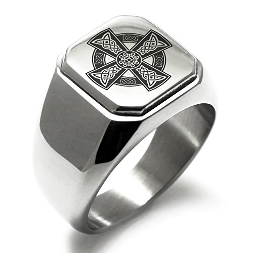Tioneer Stainless Steel Celtic Cross Rune Knot Symbol Square Flat Top Signet Biker Rings for Men, Size 10