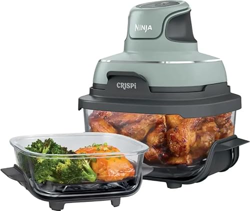 Ninja Crispi 4-in-1 Portable Glass Air Fryer Cooking System, 4-QT & 6-Cup TempWare Containers, 1500W Max-Crisp (Sage Green)
