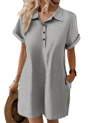 Zeagoo Womens Dresses Summer Spring Casual Tunic Short Sleeve Polo Dress Black Stripe M
