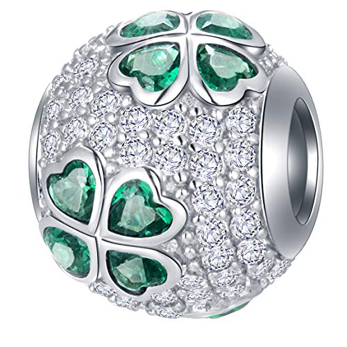 Sparklig Pave Green 4 Leaf Clover Charms in 925 Sterling Silver, Irish Shamrock CZ Round Ball Beads fit Pandora St Patricks Bracelet, Gift for Mothers Day/Valentines