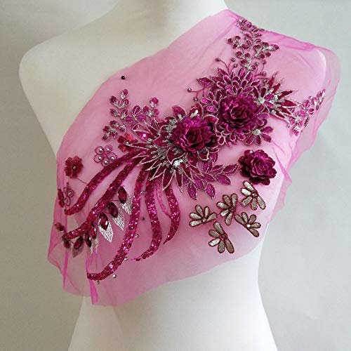 Feepop 3D Flower Applique, Beaded Sequins Flower LACE Patch Bridal Wedding Dress Embossed Beading Embroidery lace Appliques Motif Sewing Craft (Rose red)