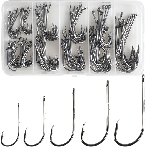 150pcs Baitholder Fishing Hooks Fishing J Hooks Long Shank with 2 Barbed Beak Offset Shank High Carbon Steel Bait Keep for Saltwater Freshwater