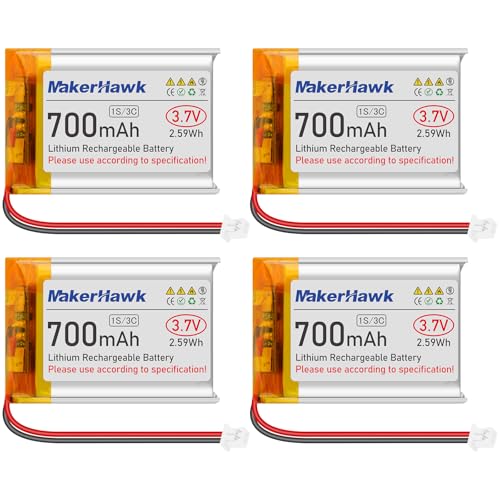 MakerHawk 3.7V Lipo Battery 700mAh 603040 Rechargeable Battery Lithium Polymer Battery with Micro PH1.25 Connector Integrated Protection Circuit for Electronic Device (4 Pcs)