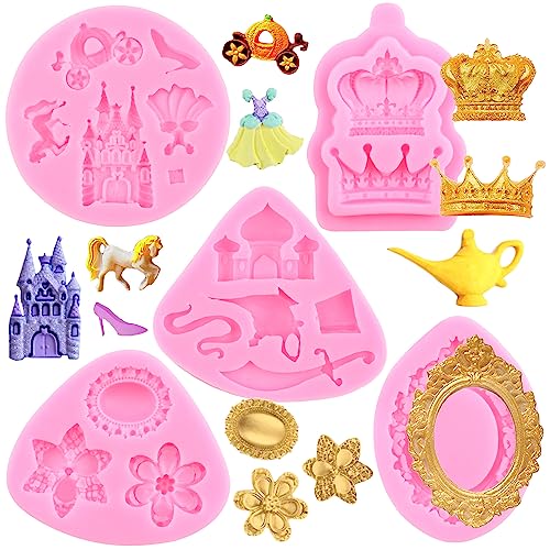 Mujiang Picture Frames Silicone Mold Cinderella Fondant Mold Crown Castle Princess Dress Crystal Shoes Molds For Sugar Cake Decorating Cupcake Topper Candy Chocolate Gum Paste Polymer Clay Set Of 5