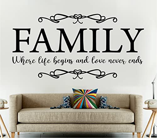 Family Quote Design Life and Love Wall Decor Sticker Mural for Home Kitchen Living Room Removable Decal BK044 (M-90X45cm, Black)