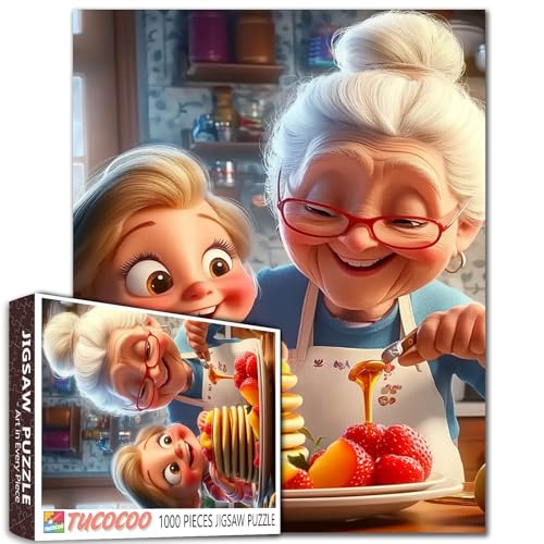 1000 Piece Jigsaw Puzzle for Adults Students Grandma and Granddaughter Making Pancakes in Kitchen Puzzles Happy Family Scene Vibrant Colors Art Home Decor Size 20X27 Inches Fun Gift Jigsaw Game