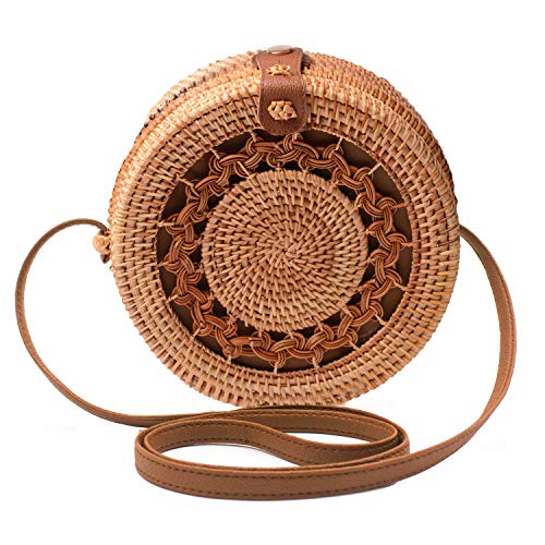 Handwoven Round Rattan Bag Shoulder Leather Straps Natural Chic Hand