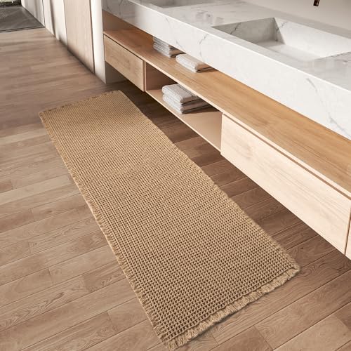 Upgraded Waffle Runner Rug, Super Absorbent Non Slip Bath Mats for Bathroom Floor, Machine Washable Bathroom Runner Rug with Tassels, Ideal for Hallway Bedroom Laundry Room, Brown, 2'x 5'(24" x 60")