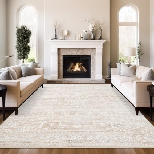 Soalmost 8x10 Area Rugs for Living Room, Stain Resistant Neutral Washable Rugs for Dining Room, Floral Vintage Non-Slip Thin Large Size Area Rug Beige