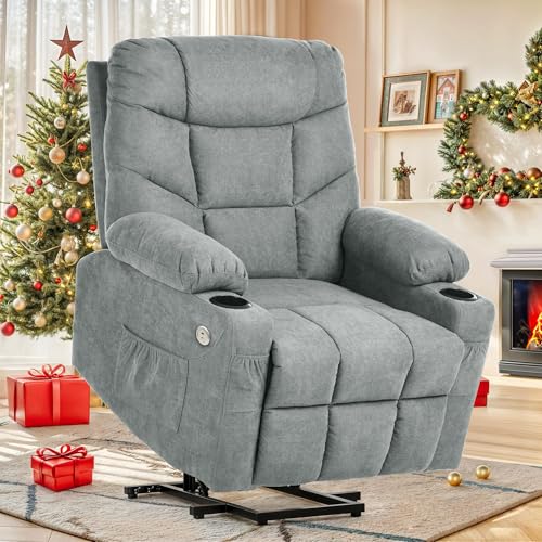 YITAHOME Electric Power Lift Recliner Chair for Elderly, Fabric Recliner Chair with Massage and Heat, Spacious Seat, USB Ports, Cup Holders, Side Pockets, Remote Control (Grey)