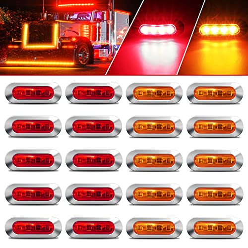 ALFU 20PCS 10Amber+10Red DC12V-24V LED Side Marker Indicator Lights Trailers Lights Lamp Front Rear Tail Clearance Lamp with Chrome Bezel Universial for Auto Car Bus Truck Lorry Trailer Boat Deck