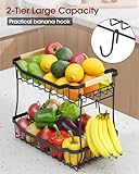 Sakugi Fruit Basket - 2 Tier Fruit Basket for Kitchen Counter, Detachable Fruit Vegetable Basket with Banana Hanger, Metal Countertop Fruit Stand with Wooden Handle, Black, 7.3" D x 11.2" W x 10.3" H