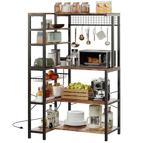 IRONCK Bakers Rack with Power Outlet, 5-Tier Corner Microwave Stand with Storage, Coffee Bar with 6 S-Shaped Hooks, Kitchen Shelves with Wire Basket