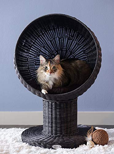 The Refined Feline Kitty Ball Cat Bed Cave for Indoor Cats in Espresso, Claw-Proof Faux Rattan Cat Furniture, Easy To Clean Elevated Cat Bed with Washable & Replaceable Covered Cushion