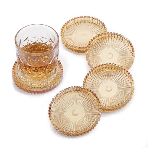 OGANAZI Modern Clear Coaster Set of 5- Glass Coasters for Drinks Crystal Coasters Round Cup Coasters Coffee Table Decor for Office, Kitchen, Bar, Dining Room, Living Room, Patio(Amber)