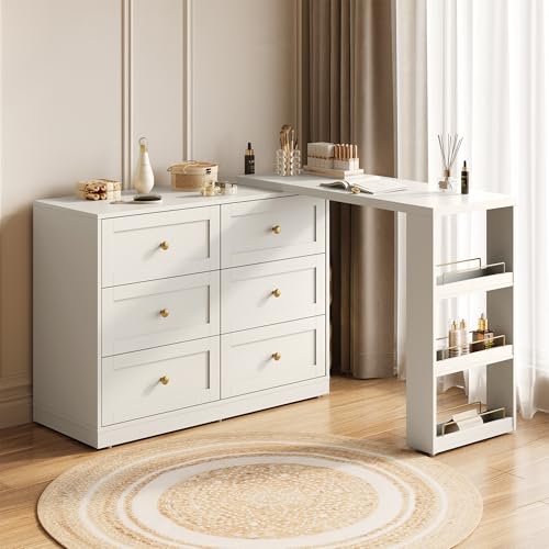 FansaFurn Extendable Corner Vanity Desk, 3 in 1 Makeup Table with Rotatable Tabletop, 3 Side Shelves & 6 Drawers, L-Shaped Vanity Table and Dresser Combo for Bedroom, Dressing Room, White