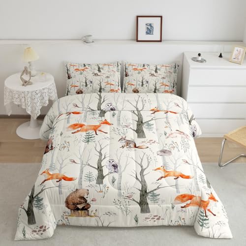 Homewish Kids Cute Animals Comforter Set Full Size Cartoon Bear Fox and Rabbit Bedding Set 3Pcs for Girls Boys Adult Room Decor Foggy Tree Jungle Plants Quilt Set Hunt Adventure Duvet Insert,Beige