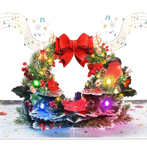 VIVIKEN Pop Up Christmas Cards with Lights and Music, 3D Wreath Design, Handmade Musical Popup Greeting Card for Holidays Includes Envelop, Playing 'We Wish You a Merry Christmas'