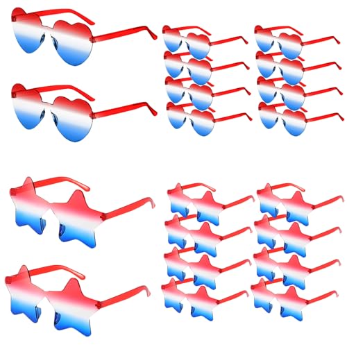 qiyeyeye 20PCS 4th of July Accessories Red White and Blue Sunglasses Including 10 Star Glasses & 10 Heart Glasses, American Patriotic Party Favors, Independence Day Holiday Gifts for Friends & Family