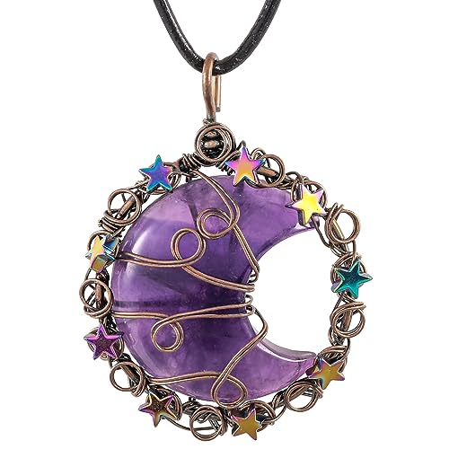TUMBEELLUWA Crescent Moon Star Crystal Necklace for Women Men Reiki Healing Stone Copper Wire Wrapped Pendant with Adjustable Cord, Amethyst